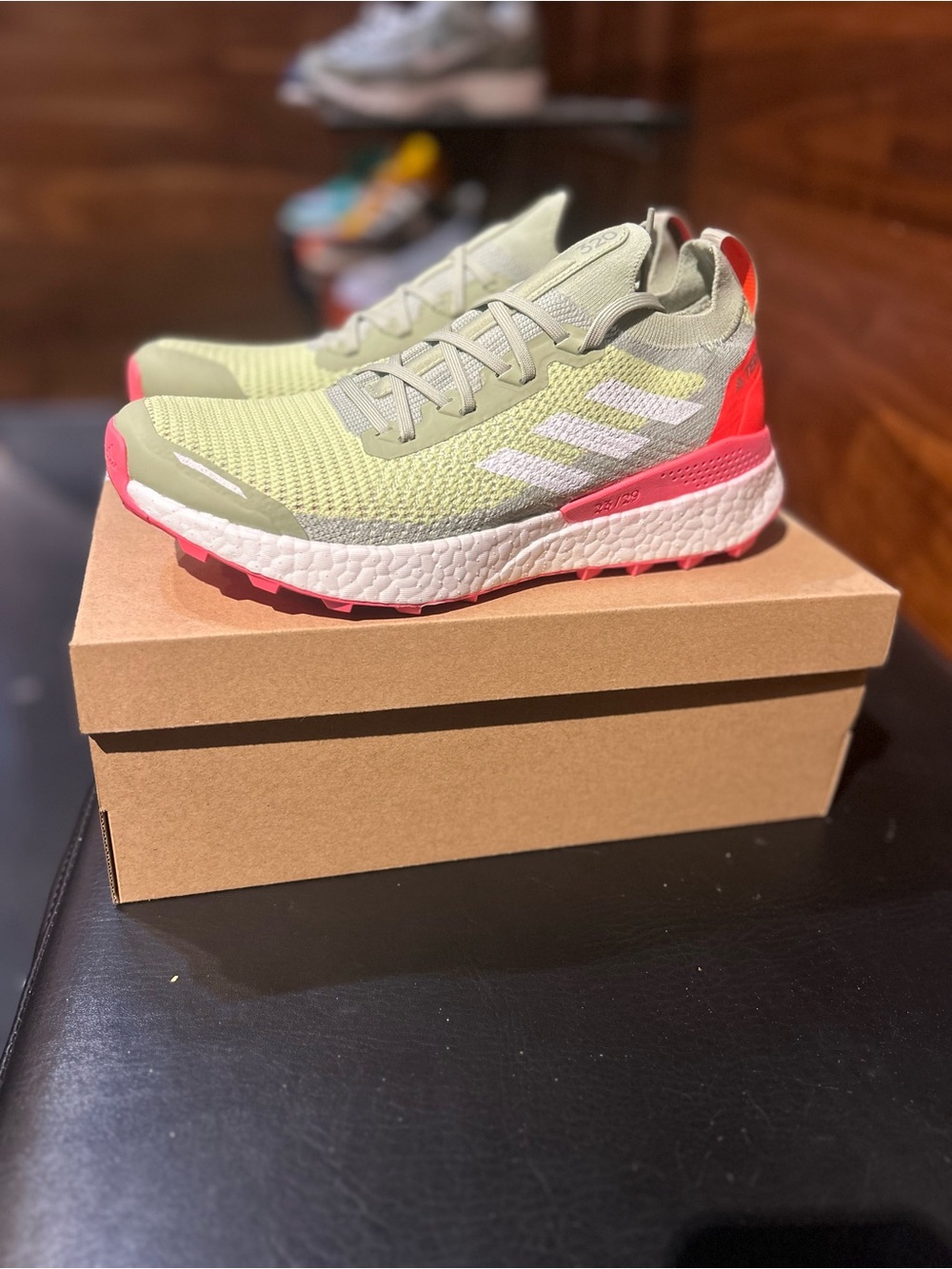 adidas Terrex Two Knit Running Shoes in Sage Green with Pink Accents